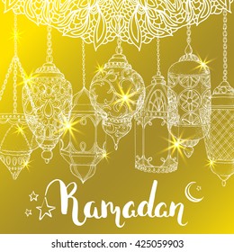 Vector golden shiny Ramadan greeting card. Arabic lanterns. Islamic holiday background with ornament. Ink handwritten inscription. Brush lettering. Calligraphy.