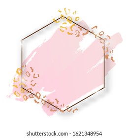 Vector golden shiny vintage hexagon frame with brush strokes and animal leopard skin isolated on transparent background. Luxury glowing realistic border