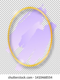 Vector golden shiny vintage oval frame with brush strokes isolated on transparent background. Luxury glowing realistic border