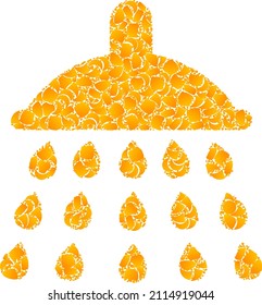 Vector golden shower mosaic icon. Shower is isolated on a white background. Golden particles mosaic based on shower icon. Mosaic shower iconic image is constructed from yellow items.