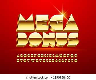 Vector Golden sign Mega Bonus. Luxury 3D Font. Majestic Elite Alphabet Letters, Numbers and Symbols