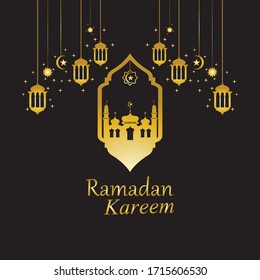 Vector - Golden silhouette of mosque and hanging lanterns on black background, Ramadan Kareem, greeting card