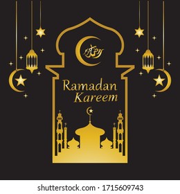 Vektorillustration - Goldene Silhouette aus Moschee und hängenden Laternen auf schwarzem Hintergrund, Ramadan Kareem, Grußkarte