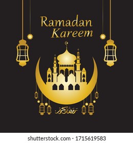 Vector - Silueta dorada de mezquita y linternas colgadas en fondo negro, Ramadán Kareem, tarjeta de saludo