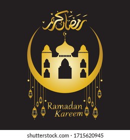 Vector - Golden silhouette of mosque and hanging lanterns on black background, Ramadan Kareem, greeting card