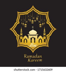 Vector - Golden silhouette of mosque and hanging lanterns on black background, Ramadan Kareem, greeting card