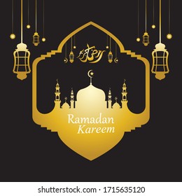 Vector - Golden silhouette of mosque and hanging lanterns on black background, Ramadan Kareem, greeting card