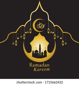 Vector - Silueta dorada de mezquita y linternas colgadas en fondo negro, Ramadán Kareem, tarjeta de saludo
