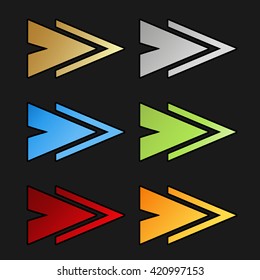 Vector golden, silver, blue, green, red and orange arrow symbols on black background. Simple arrow buttons. Pointer on web. Sign of next, read more, play, go etc.
