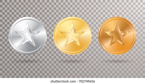 medalla vectorial de oro, plata y bronce, medallones campeones con estrellas o monedas con estrella