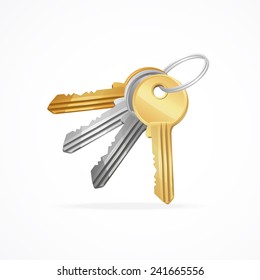 Vector Golden, silver, bronze, metal Keys bunch on white