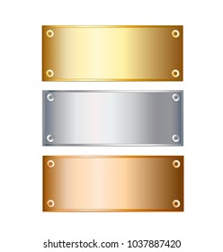 Vector golden, silver and bronze podium plates isolated on white background, stock vector illustration