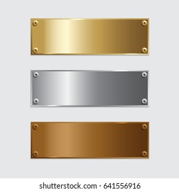 Vector golden, silver and bronze podium plates isolated on grey background. 