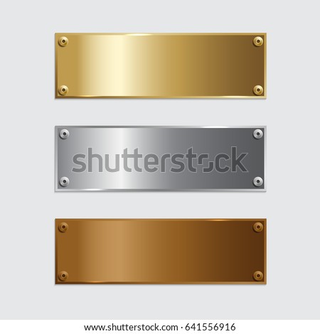 Vector golden, silver and bronze podium plates isolated on grey background. 