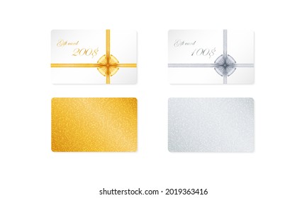 Vector golden and silver gift card layout with glittering backdrop. Set of two templates of discount cards with realistic bows and ribbons on white background