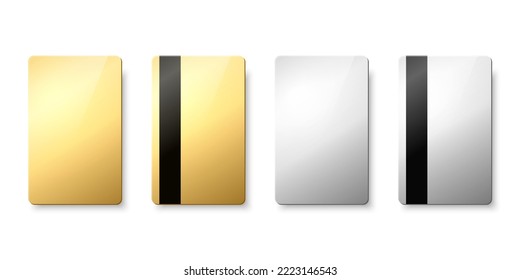 Vector Golden, Silver Gift Card, Certificate, Guest Room, Plastic Hotel Apartment Keycard, ID Card, Sale, Credit Card Design Template for Mockup, Branding. Top View - Front, Back Side, Magnetic Strip