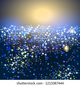 Vector golden and silver glitter particles background effect for luxury greeting card. Star dust sparks in explosion on blue background. Sparkling texture