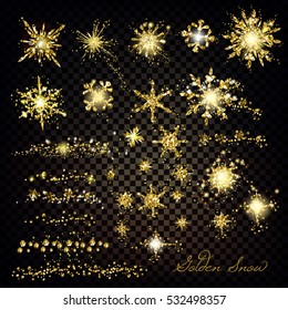 Vector golden and silver glitter particles effect for luxury greeting card. Set of snowflakes, star dust sparks in explosion on transparent background. Golden snow