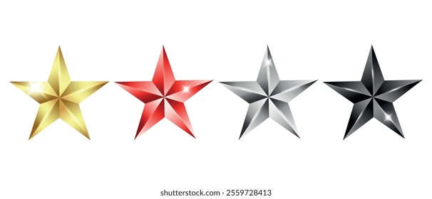 Vector golden, silver, red and black star icons template. Sparkle luxury metallic stars design elements for medals, awards, rating designation, hotels, customer feedback, review. Christmas stars