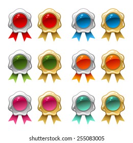 Vector golden and silver seals and ribbons set in different colors