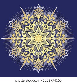 Vector golden six-pointed star symbol of the Nativity of Christ. Golden snowflake. Isolated on dark background