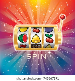 vector golden slot machine, gambling background on starry night in rainbow colors