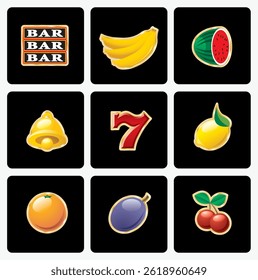 vector golden slot machine icons on black background