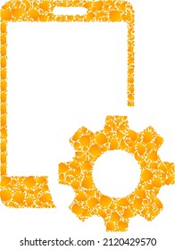 Vector golden smartphone settings mosaic icon. Smartphone settings is isolated on a white background. Golden items collage based on smartphone settings icon.