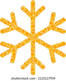 Icono de mosaico de copo de nieve dorado vectorial. El copo de nieve está aislado en un fondo blanco. Mosaico de objetos dorados basado en el icono del copo de nieve. La imagen icónica del copo de nieve mosaico está hecha de objetos amarillos.