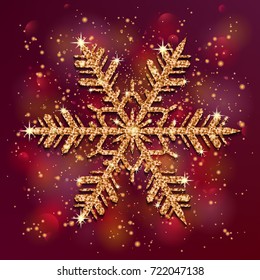 Vector golden snowflake on colorful background. Xmas shiny snowflake on bright background. Vector illustration.