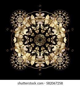 Vector golden snowflakes on a black background. Abstract minimal background.