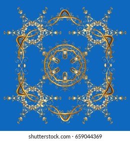Vector golden snowflakes on a blue background. Abstract minimal background.