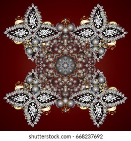 Vector golden snowflakes on a brown background. Abstract minimal background.