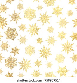 Vector golden snowflakes seamless repeat pattern background. Great for winter holiday fabric, giftwrap, packaging, covers, invitations.