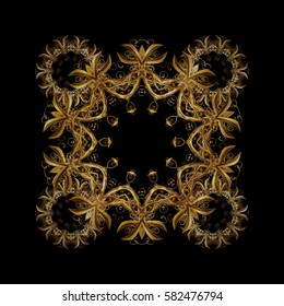 Vector golden snowflakes winter New Year frame. On black background.