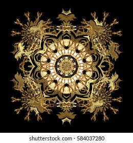 Vector golden snowflakes winter New Year frame. On black background.