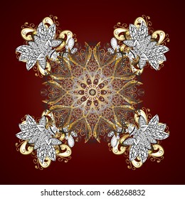 Vector golden snowflakes winter New Year frame. On brown background.