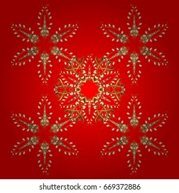 Vector golden snowflakes winter New Year frame. On red background.