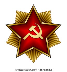 vector golden soviet badge - red star sickle and hammer