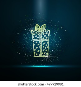 Vector golden sparkle holiday background with gift box. Happy New Year and Merry Christmas luxury glamorous greeting card. Vector golden confetti background.