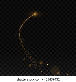 Vector golden sparkling comet, stardust trail. Isolated in black transparent background. Vector illustration, eps 10.