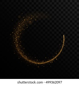 Vector golden sparkling comet, stardust trail. Isolated in black transparent background. Vector illustration, eps 10.
