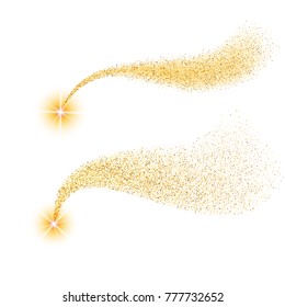 Vector golden sparkling comet, stardust trail. Isolated on white background. Vector illustration, eps 10.