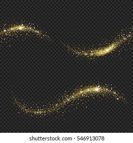 Vector golden sparkling confetti wave Stardust trail. Cosmic glittering magic fairy dust.