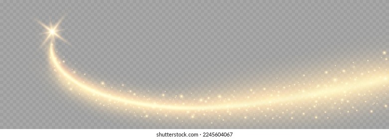 Vector golden sparkling falling star. Stardust trail. Cosmic glittering wave. Light dust. Stock royalty free vector illustration. PNG