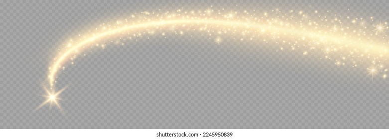 Vector golden sparkling falling star. Stardust trail. Cosmic glittering wave. Light dust. Stock royalty free vector illustration. PNG