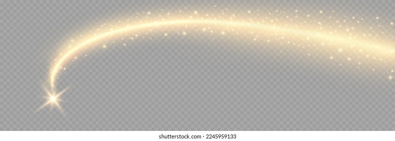 Vector golden sparkling falling star. Stardust trail. Cosmic glittering wave. Light dust. Stock royalty free vector illustration. PNG