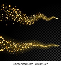 Vector golden sparkling falling star. Stardust trail. Cosmic glittering wave.