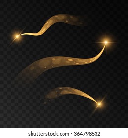 Vector golden sparkling falling star, stardust trail. Isolated in black transparent background. Vector illustration, eps 10.