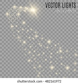 Vector golden sparkling falling star. Stardust trail.